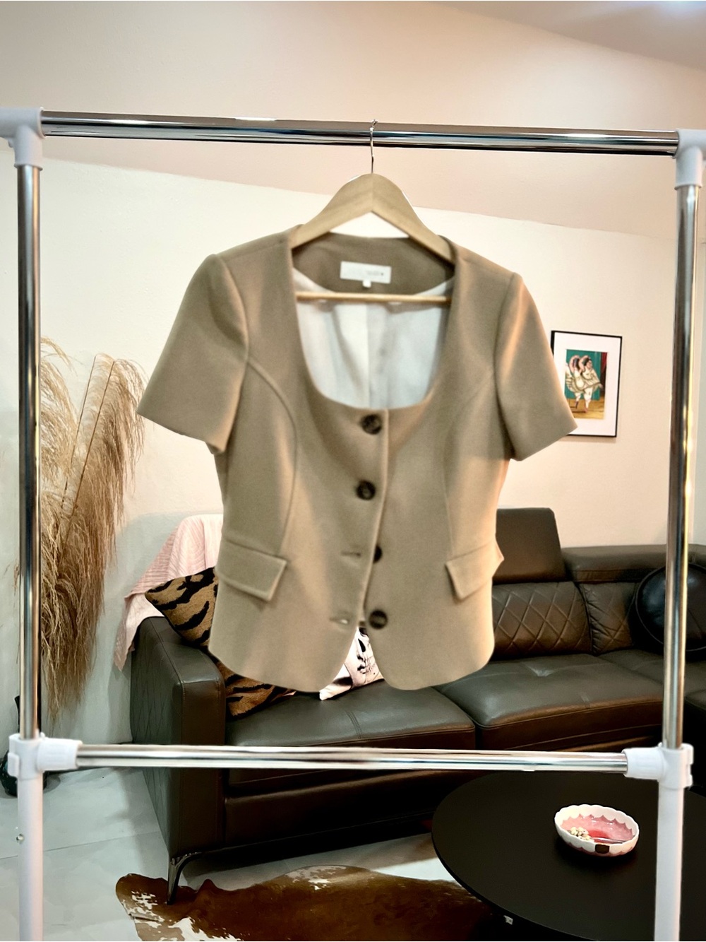 Zara Short Sleeve Scoop Neck Blazer Jacket - Beige Sz S
